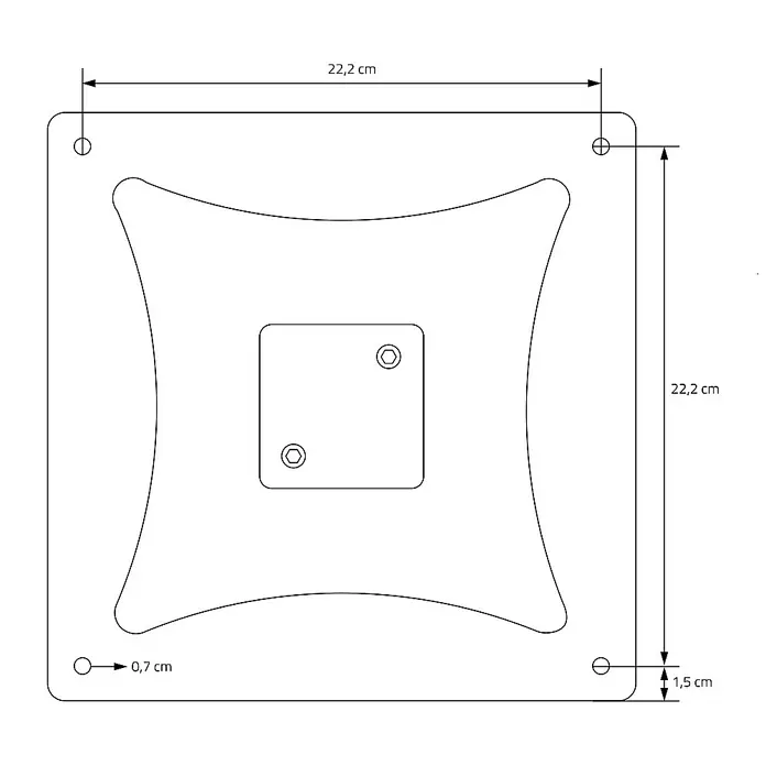 ML-Design Tischgestell mit Bodenplatte aus pulverbeschichteteter Stahl - L x B x H: 43 x 70 x 72 cm, Stahl - Skizze einer quadratischen Montageplatte mit abgerundeten Ecken, Befestigungslöchern und metrischen Bemaßungen für die korrekte Installation.