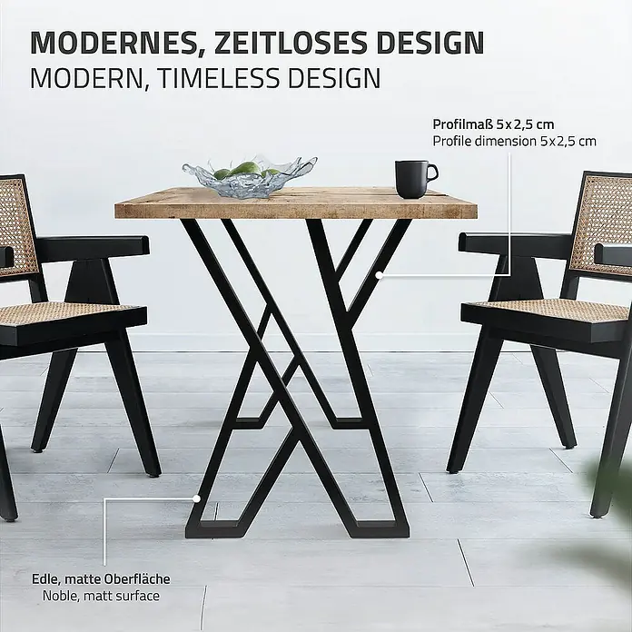 ML-Design Tischgestell Kufengestell X-Form Schwarz für Esstisch/Schreibtisch DIY-Projekte - L x B x H: 8 x 50 x 71 cm, Stahl - Bild eines Esstisches mit Stühlen im modernen, zeitlosen Design. Die Tischplatte ist aus Holz, das Gestell aus schwarzem Metall.