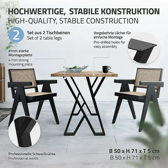 ML-Design Tischgestell Kufengestell X-Form Schwarz für Esstisch/Schreibtisch DIY-Projekte - L x B x H: 8 x 50 x 71 cm, Stahl - Produktbild mit Fokus auf hochwertigen Tischbeinen und stabiler Konstruktion, ideal für eine stilvolle Inneneinrichtung.