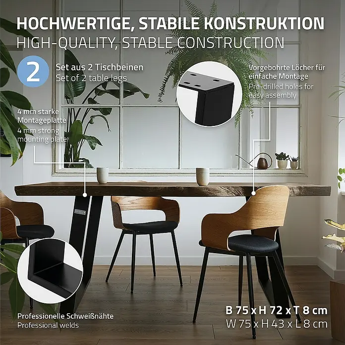 ML-Design Tischgestell Schräge Metall Bankbeine Bankgestell - L x B x H: 8 x 75 x 72 cm, Stahl - Bild zeigt einen Esstisch mit schwarzen Tischbeinen.