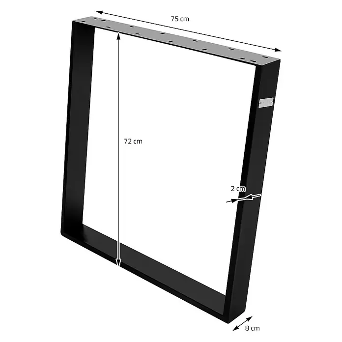 ML-Design Tischgestell Schräge Metall Bankbeine Bankgestell - L x B x H: 8 x 75 x 72 cm, Stahl - Abbildung eines schwarzen Möbelfußes mit den Maßen 75 x 72 x 8 cm, inklusive einer Dicke von 2 cm.