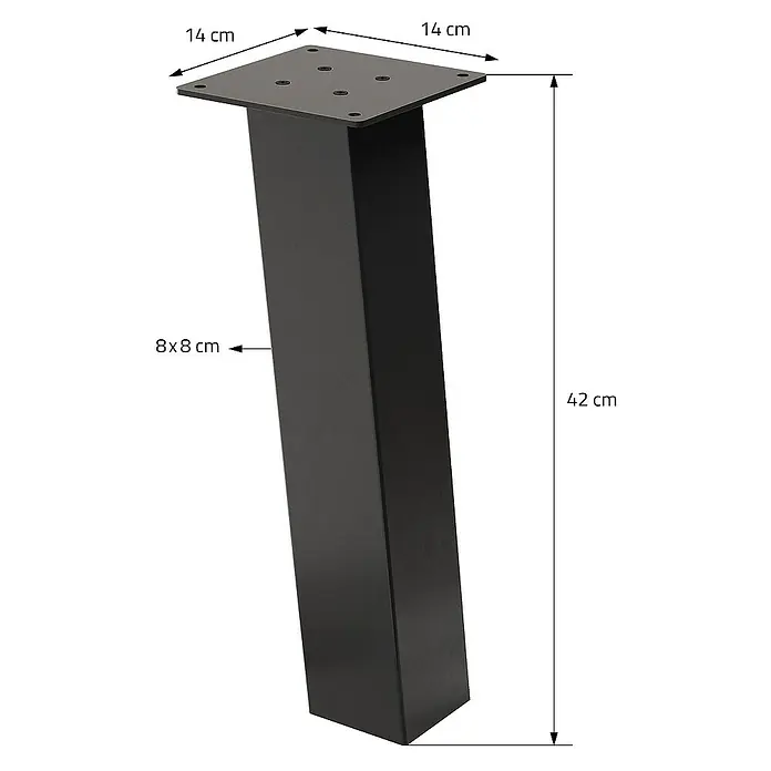 ML-Design Tischgestell 4er Set Tischbeine schräg Möbelfüße und aus Stahl - L x B x H: 14 x 14 x 42 cm, Traglast: 500 kg, Stahl - Schwarzer Möbelfuß aus Metall mit quadratischer Montageplatte oben und den Maßen 8x8 cm unten und 42 cm Höhe.