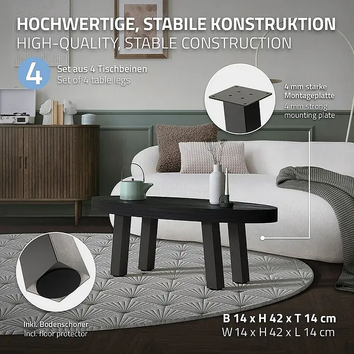 ML-Design Tischgestell 4er Set Tischbeine schräg Möbelfüße und aus Stahl - L x B x H: 14 x 14 x 42 cm, Traglast: 500 kg, Stahl - Bild eines Tisches mit schwarzen Tischbeinen. Die Tischbeine sind stabil und hochwertig konstruiert.