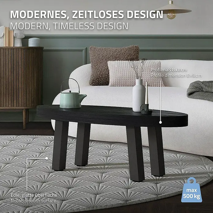 ML-Design Tischgestell 4er Set Tischbeine schräg Möbelfüße und aus Stahl - L x B x H: 14 x 14 x 42 cm, Traglast: 500 kg, Stahl - Elegantes Interieur mit modernem, zeitlosem Design. Im Fokus steht ein schwarzer Couchtisch auf einem gemusterten Teppich.