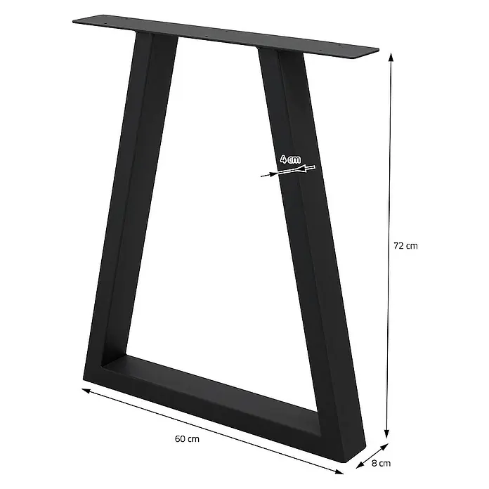 ECD Germany Tischgestell 2x Tischbeine Trapez Design aus pulverbeschichtetem Stahl - L x B x H: 8 x 60 x 72 cm, Stahl - Produktfoto eines schwarzen trapezförmigen Möbelfußes mit den Maßen 72 cm Höhe, 60 cm Länge und 8 cm Breite.
