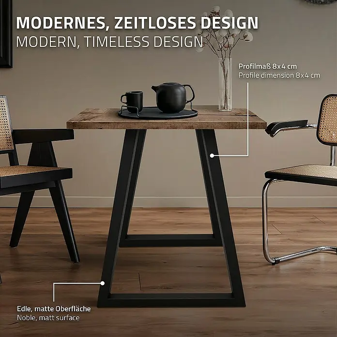 ECD Germany Tischgestell 2x Tischbeine Trapez Design aus pulverbeschichtetem Stahl - L x B x H: 8 x 60 x 72 cm, Stahl - Elegantes Bild eines Esstisches im modernen, zeitlosen Design mit einer edlen, matten Oberfläche und Profilmaßen von 8x4 cm.
