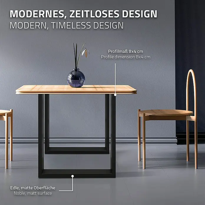 ECD Germany Tischgestell modernes Industriedesign Möbelfüße aus Metall - L x B x H: 8 x 60 x 72 cm, Stahl - Nahaufnahme eines modernen Tisches mit Holzplatte und schwarzen Metallbeinen, der ein stilvolles und zeitloses Design ausstrahlt.