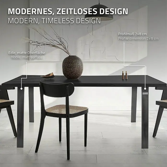 ML-Design Tischgestell Loft 2er Set aus Stahl Industriedesign U-Form - L x B x H: 8 x 90 x 72 cm, Stahl - Ein Esstisch mit mattschwarzer Oberfläche und passenden Stühlen. Das Design ist modern und zeitlos.