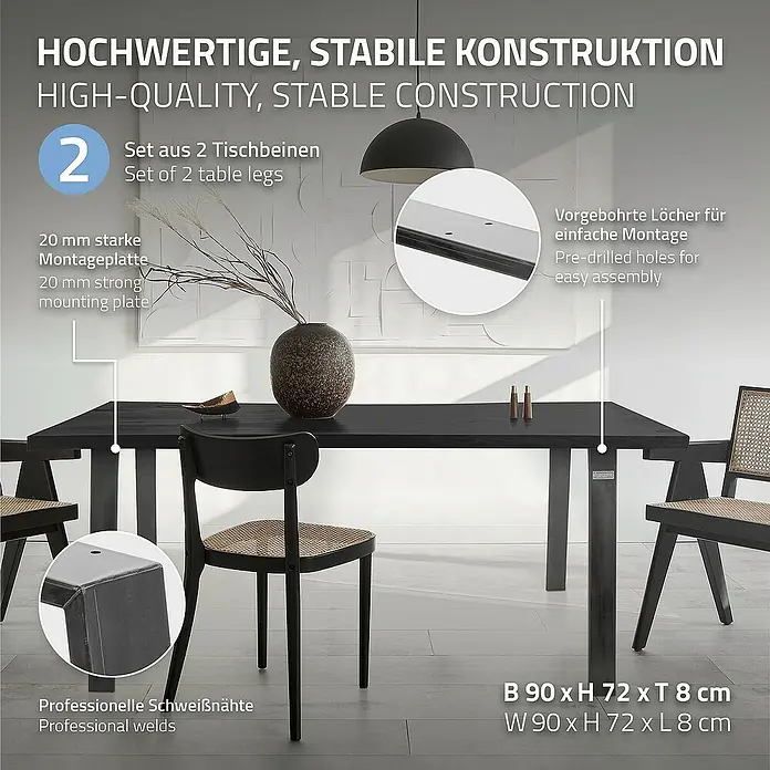 ML-Design Tischgestell Loft 2er Set aus Stahl Industriedesign U-Form - L x B x H: 8 x 90 x 72 cm, Stahl - Bild einer Tischgarnitur mit Fokus auf die hochwertigen Tischbeine, die Stabilität und einfache Montage versprechen.