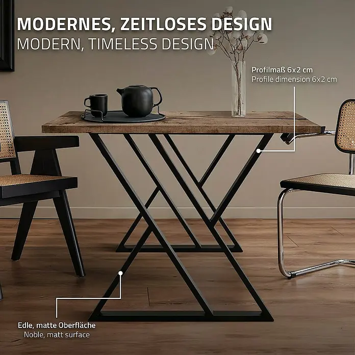 ML-Design Tischgestell Kufengestell X-Form Schwarz für Esstisch/Schreibtisch DIY-Projekte - L x B x H: 6 x 69 x 72 cm, Stahl - Moderner Esstisch mit einer Tischplatte aus Holz und einem Gestell aus schwarzem Metall. Zeitloses Design für Ihr Esszimmer.