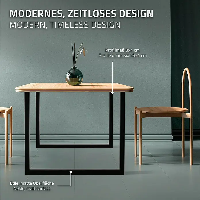 ECD Germany Tischgestell modernes Industriedesign Möbelfüße aus Metall - L x B x H: 8 x 90 x 72 cm, Stahl - Modernes Interieur mit Holztisch auf schwarzem Metallgestell, stilvollem Stuhl und dekorativer Blumenvase. Zeitloses Design für Ihr Zuhause.