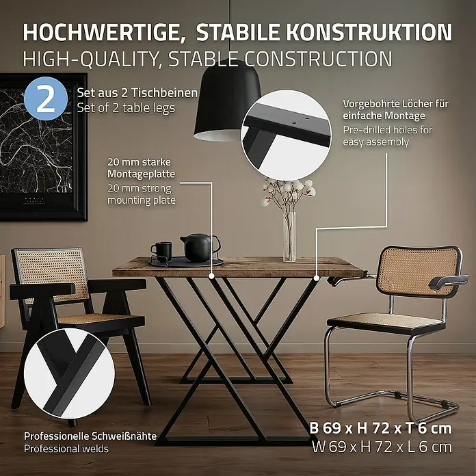 ML-Design Tischgestell Kufengestell X-Form Schwarz für Esstisch/Schreibtisch DIY-Projekte - L x B x H: 6 x 69 x 72 cm, Stahl - Das Bild zeigt einen Esstisch mit stabiler Konstruktion und zwei Stühlen mit Rattan-Sitzfläche.