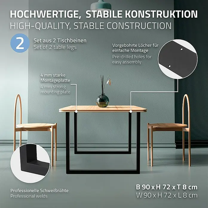 ECD Germany Tischgestell modernes Industriedesign Möbelfüße aus Metall - L x B x H: 8 x 90 x 72 cm, Stahl - Hochwertige Tischbeine für eine stabile Tischkonstruktion. Das Set enthält 2 Tischbeine mit vorgebohrten Löchern für einfache Montage.
