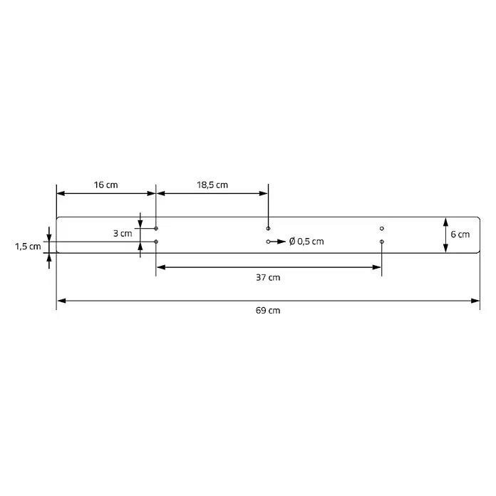 ML-Design Tischgestell Kufengestell X-Form Schwarz für Esstisch/Schreibtisch DIY-Projekte - L x B x H: 6 x 69 x 72 cm, Stahl - Abbildung einer Lochplatte mit den Maßen 69 cm Länge und 6 cm Breite, inklusive der Positionen und Durchmesser der Löcher.
