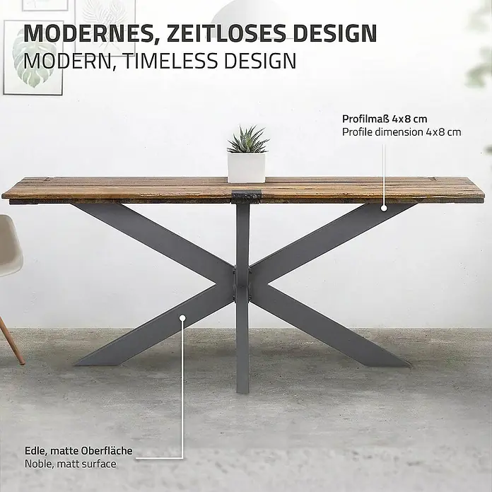 ML-Design Tischgestell Spider Kreuzgestell Schwerlast aus Stahl für DIY - L x B x H: 78 x 150 x 71 cm, Traglast: 150 kg, Stahl - Produktfoto von einem Esstisch im modernem, zeitlosen Design mit einer edlen, matten Oberfläche.