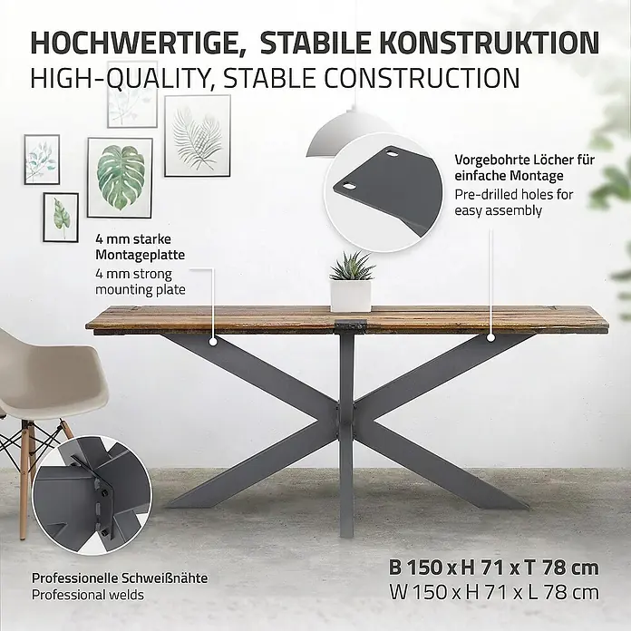 ML-Design Tischgestell Spider Kreuzgestell Schwerlast aus Stahl für DIY - L x B x H: 78 x 150 x 71 cm, Traglast: 150 kg, Stahl - Detailaufnahme eines Esstisches mit Holztischplatte und stabilem Metallgestell, inklusive Beschläge für einfache Montage.
