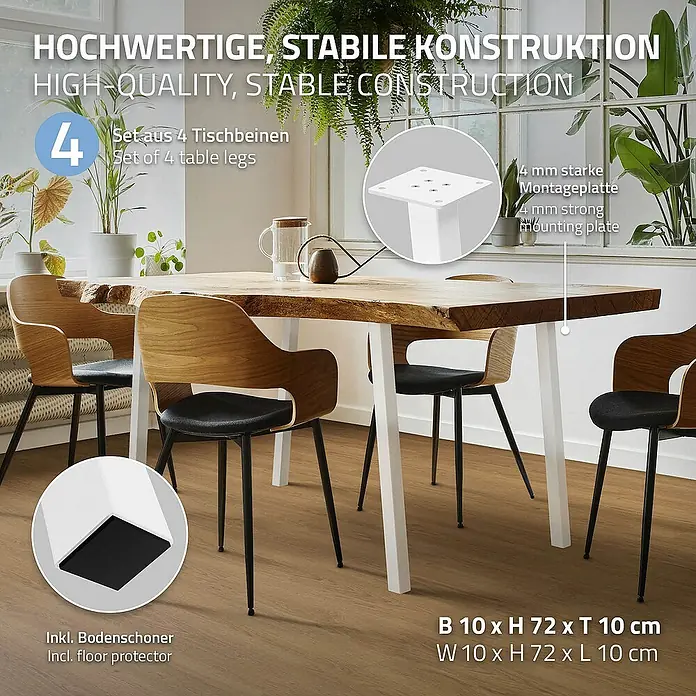 ML-Design Tischgestell 4er Set Tischkufen schräg Möbelfüße und aus Stahl I-Form - L x B x H: 10 x 10 x 72 cm, Traglast: 500 kg, Stahl - Bild einer Esstisch-Szene mit den Tischbeinen im Fokus, die eine hochwertige, stabile Konstruktion und Bodenschoner bieten.