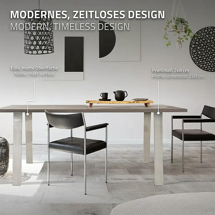ML-Design Tischgestell Loft 2er Set aus Stahl Industriedesign U-Form - L x B x H: 8 x 75 x 72 cm, Stahl - Das Bild zeigt einen Esstisch mit grauer Tischplatte und weißen Beinen, umgeben von Stühlen in einem modernen Interieur.