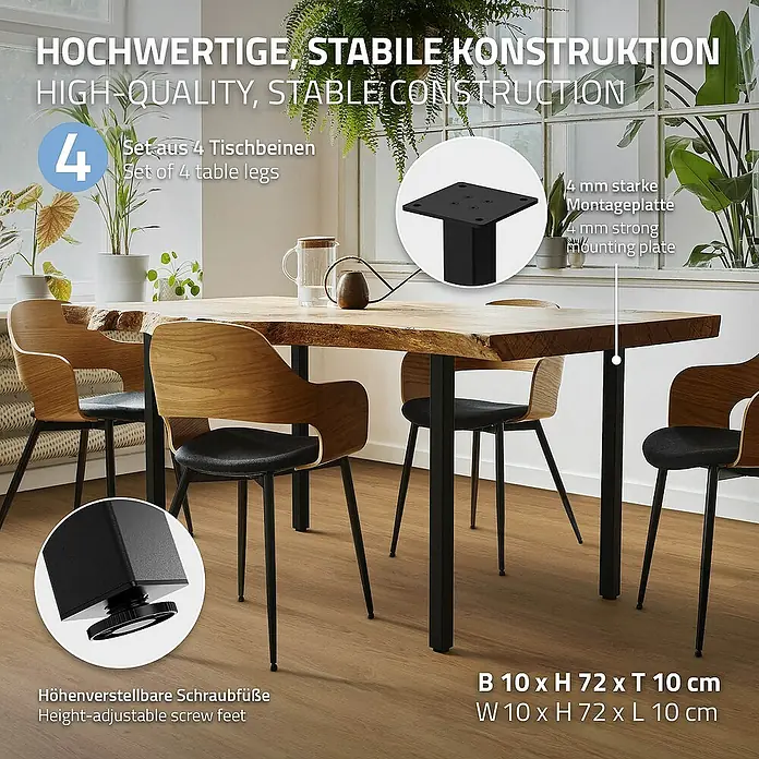 ML-Design Tischgestell 4er Set Tischkufen I-Design Möbelfüße und aus Stahl - L x B x H: 10 x 10 x 72 cm, Stahl - Bild einer Tischplatte mit vier schwarzen Tischbeinen, die einzeln in runden Details hervorgehoben werden.