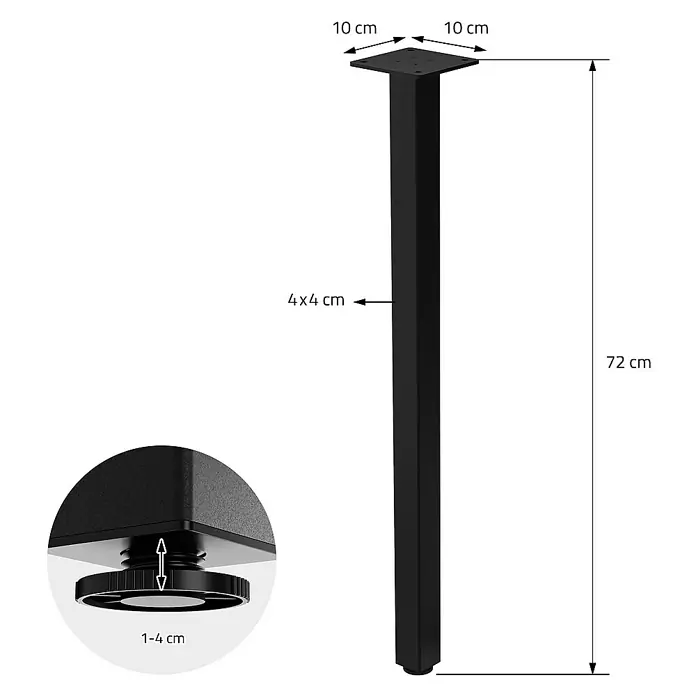 ML-Design Tischgestell 4er Set Tischkufen I-Design Möbelfüße und aus Stahl - L x B x H: 10 x 10 x 72 cm, Stahl - Produktabbildung eines schwarzen Tischbeins mit Maßen und verstellbaren Füßen für eine vielseitige und stabile Nutzung.