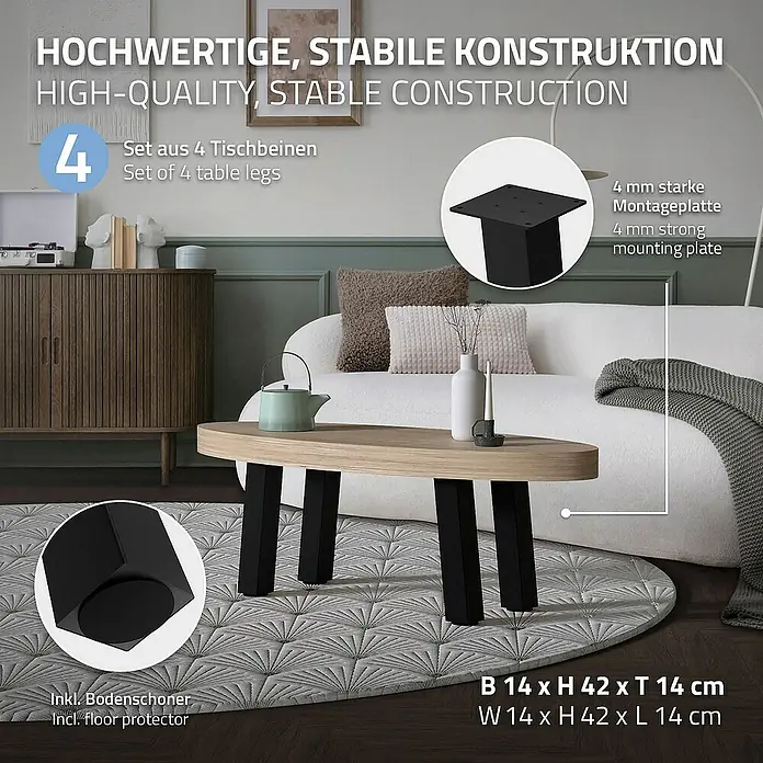 ML-Design Tischgestell 4er Set Tischbeine schräg Möbelfüße und aus Stahl - L x B x H: 14 x 14 x 42 cm, Traglast: 500 kg, Stahl - Bild einer Anzeige für ein Set aus vier Tischbeinen mit stabiler Konstruktion und Bodenschonern.