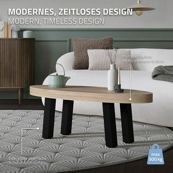 ML-Design Tischgestell 4er Set Tischbeine schräg Möbelfüße und aus Stahl - L x B x H: 14 x 14 x 42 cm, Traglast: 500 kg, Stahl - Modernes ovales Couchtisch mit einer Tischplatte in Holzoptik und schwarzen Beinen. Das Design ist zeitlos und passt perfekt in jedes Wohnzimmer.
