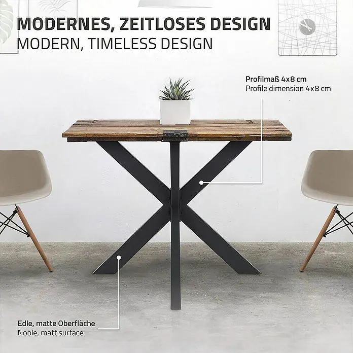 ML-Design Tischgestell Spider Kreuzgestell Schwerlast aus Stahl für DIY - L x B x H: 85 x 85 x 71 cm, Traglast: 150 kg, Stahl - Ein moderner Esstisch mit einer Tischplatte aus Holz und einem schwarzen Metallgestell in X-Form.