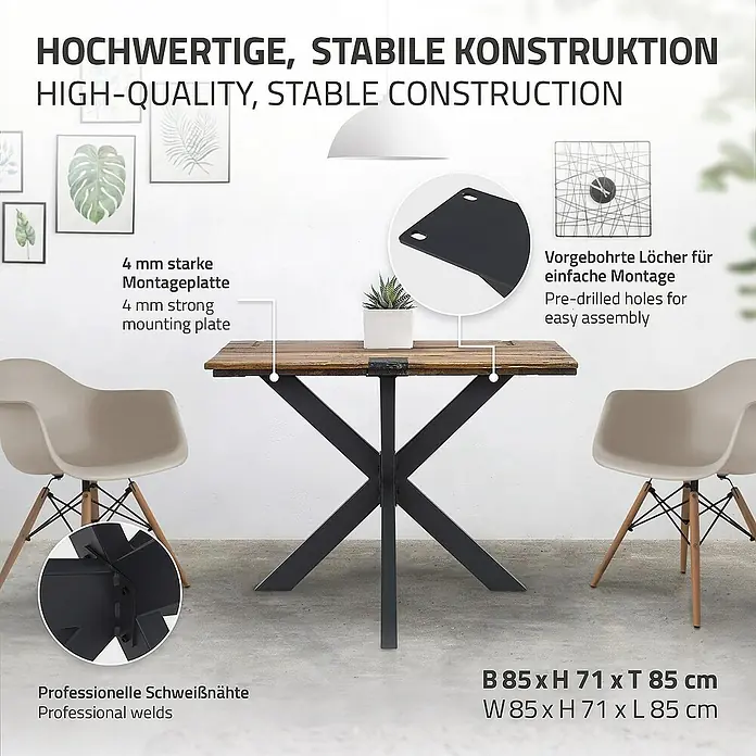 ML-Design Tischgestell Spider Kreuzgestell Schwerlast aus Stahl für DIY - L x B x H: 85 x 85 x 71 cm, Traglast: 150 kg, Stahl - Produktfoto eines Tisches mit Holztischplatte und Metallgestell, hervorgehobene Details zur Konstruktion.
