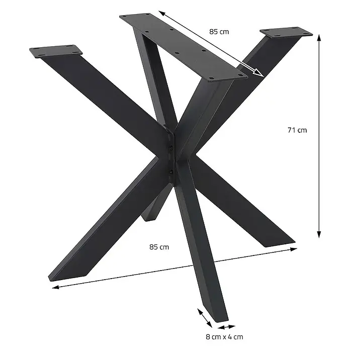 ML-Design Tischgestell Spider Kreuzgestell Schwerlast aus Stahl für DIY - L x B x H: 85 x 85 x 71 cm, Traglast: 150 kg, Stahl - Schwarzes Tischgestell in X-Form mit rechteckigen Tischplattenhalterungen und Maßangaben.