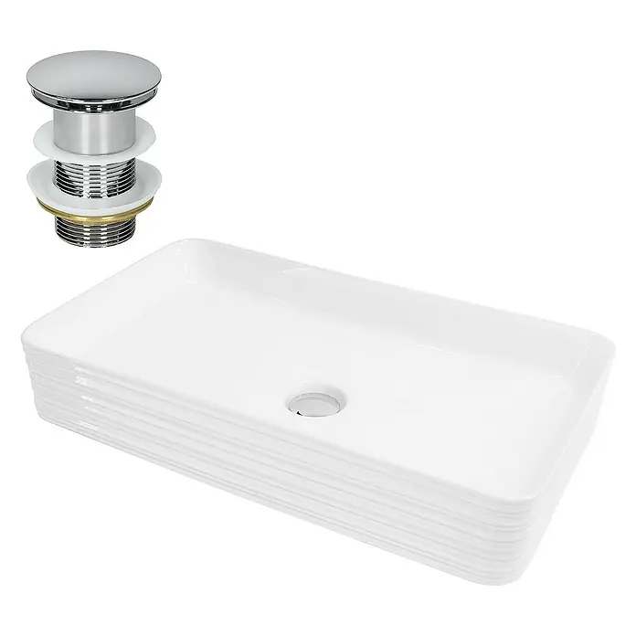 LuxeBath Aufsatzwaschbecken Handwaschbecken Weiß inkl. Ablaufgarnitur ohne Überlauf - Ohne Spezialglasur, Weiß, Silber - Bild einer weißen Aufsatzwaschbecken mit Rillenstruktur und passendem Ablaufventil.