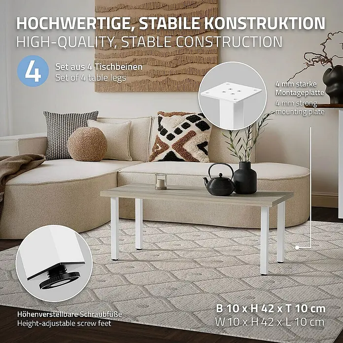 ML-Design Tischgestell 4er Set Tischkufen I-Design Möbelfüße und aus Stahl - L x B x H: 10 x 10 x 42 cm, Traglast: 500 kg, Stahl - Bild zeigt ein Set aus 4 Tischbeinen mit höhenverstellbaren Schraubfüßen und einer stabilen Konstruktion.