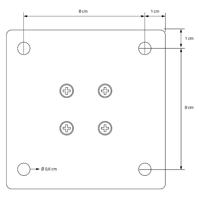 ML-Design Tischgestell 4er Set Tischkufen I-Design Möbelfüße und aus Stahl - L x B x H: 10 x 10 x 42 cm, Traglast: 500 kg, Stahl - Eine quadratische Montageplatte mit Abmessungen, Befestigungslöchern und Schraubenpositionen, mit Maßangaben versehen.