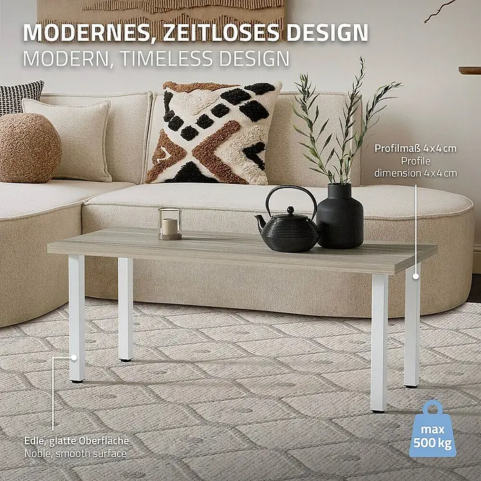 ML-Design Tischgestell 4er Set Tischkufen I-Design Möbelfüße und aus Stahl - L x B x H: 10 x 10 x 42 cm, Traglast: 500 kg, Stahl - Abbildung eines modernen Couchtisches mit grauem Holz und weißen Beinen, dekoriert mit Teekanne und Vase.