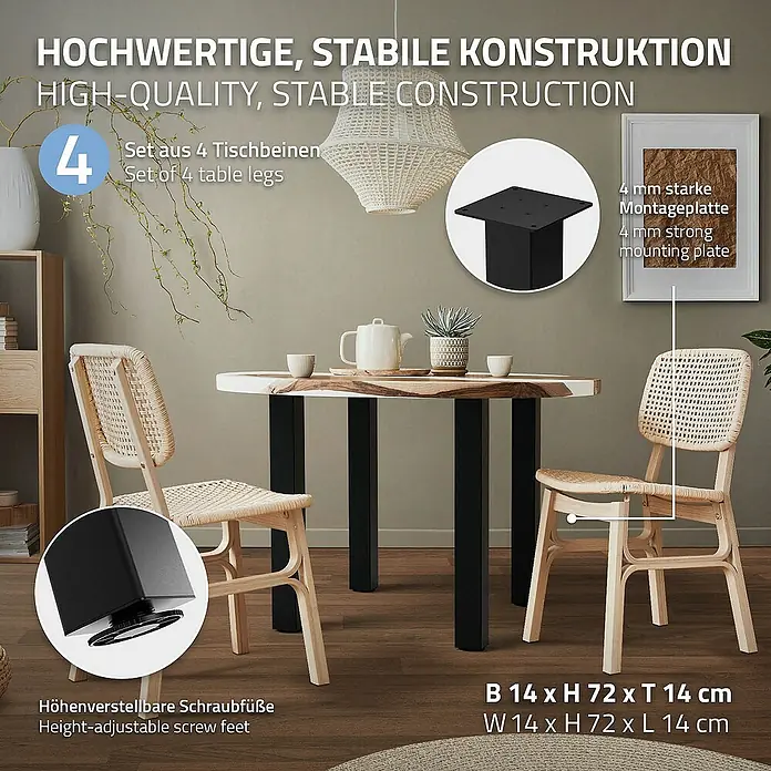 ML-Design Tischgestell 4er Set Tischkufen I-Design Möbelfüße und aus Stahl - L x B x H: 14 x 14 x 72 cm, Stahl - Bild einer Tischgarnitur mit vier Tischbeinen aus hochwertiger, stabiler Konstruktion mit höhenverstellbaren Schraubfüßen.