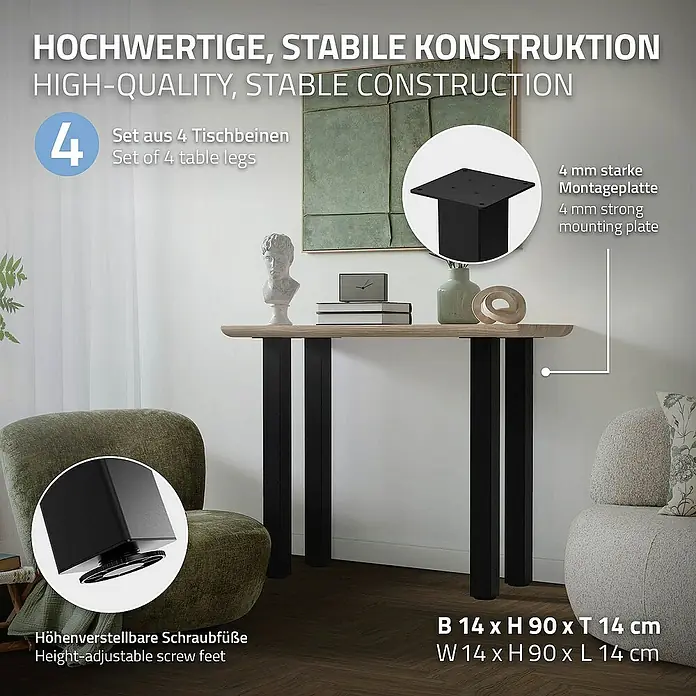 ML-Design Tischgestell 4er Set Tischkufen I-Design Möbelfüße und aus Stahl - L x B x H: 14 x 14 x 90 cm, Stahl - Produktbild von 4 Tischbeinen, hochwertig und stabil, mit verstellbaren Schraubfüßen und einer 4 mm starken Montageplatte.