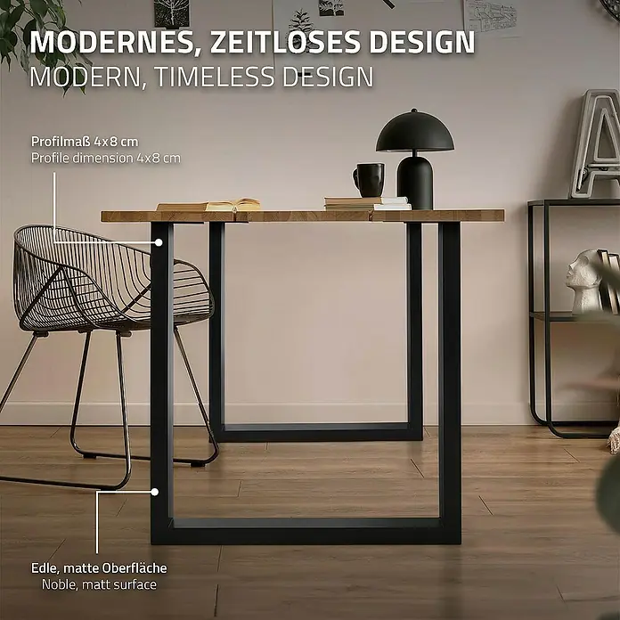 ML-Design Tischgestell Kufengestell Bankkufen für Couchtisch/Sitzbank DIY-Projekte - L x B x H: 8 x 70 x 74 cm, Stahl - Elegantes Design: Ein moderner Tisch mit einer Holzplatte und schwarzen Metallbeinen, die eine zeitlose Ästhetik verleihen.