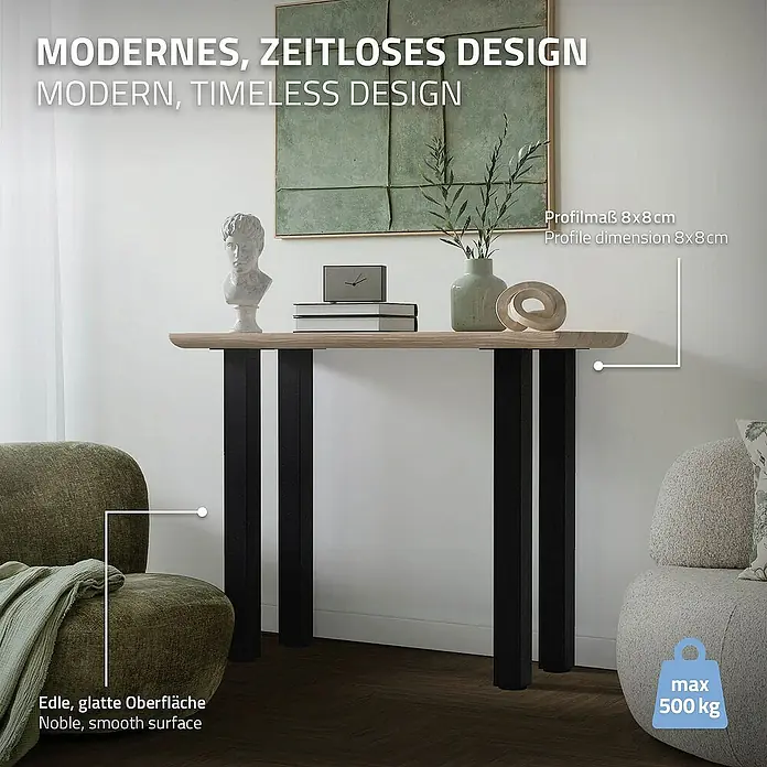 ML-Design Tischgestell 4er Set Tischkufen I-Design Möbelfüße und aus Stahl - L x B x H: 14 x 14 x 90 cm, Stahl - Elegante Konsole mit Tischplatte in Holzoptik und schwarzen Beinen. Das Möbelstück zeichnet sich durch sein modernes, zeitloses Design aus.