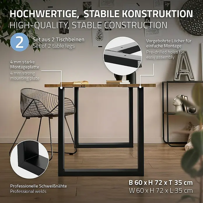 ML-Design Tischgestell Kufengestell Bankkufen für Couchtisch/Sitzbank DIY-Projekte - L x B x H: 8 x 70 x 74 cm, Stahl - Produktbild von zwei Tischbeinen aus hochwertiger, stabiler Konstruktion mit vorgebohrten Löchern für einfache Montage.