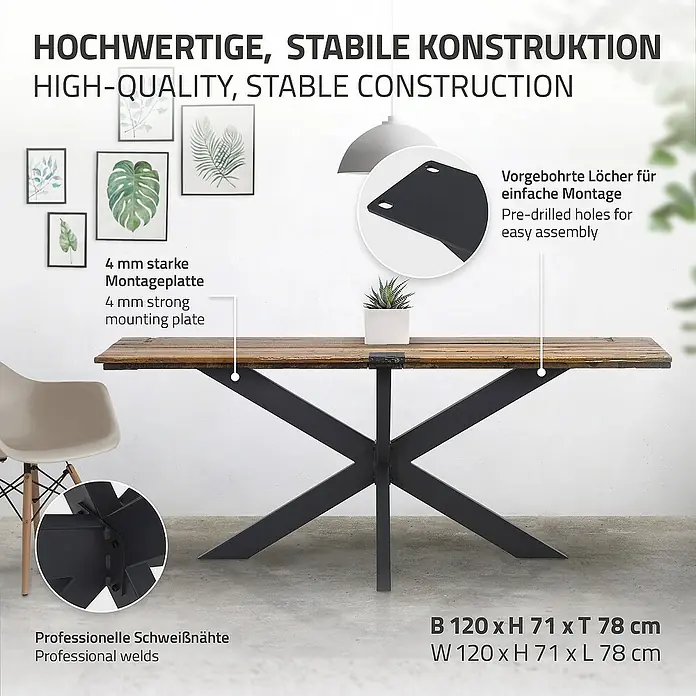 ML-Design Tischgestell Spider Kreuzgestell Schwerlast aus Stahl für DIY - L x B x H: 78 x 120 x 71 cm, Traglast: 150 kg, Stahl - Detailaufnahme eines Esstisches mit robustem Holztischblatt und stabilen Metallbeinen in X-Form.