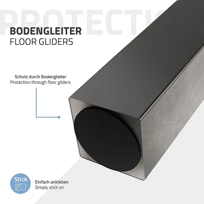 ML-Design Tischgestell 4er Set Tischbeine schräg Möbelfüße und aus Stahl - L x B x H: 14 x 14 x 30 cm, Stahl - Bild von Bodengleitern, die an einem Möbelbein befestigt sind, um den Boden vor Kratzern zu schützen.