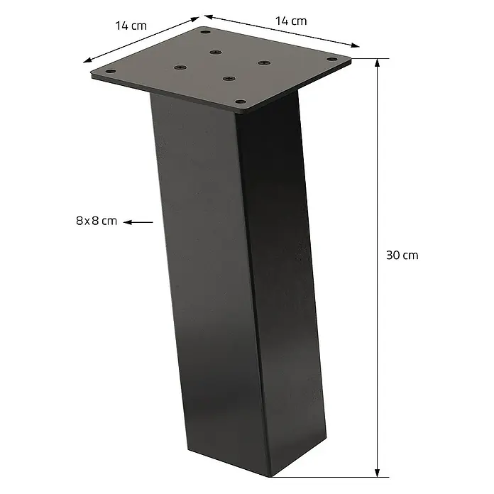 ML-Design Tischgestell 4er Set Tischbeine schräg Möbelfüße und aus Stahl - L x B x H: 14 x 14 x 30 cm, Stahl - Produktabbildung eines schwarzen Möbelfußes mit quadratischer Montageplatte und den Maßen 14x14 cm, 8x8 cm und einer Höhe von 30 cm.