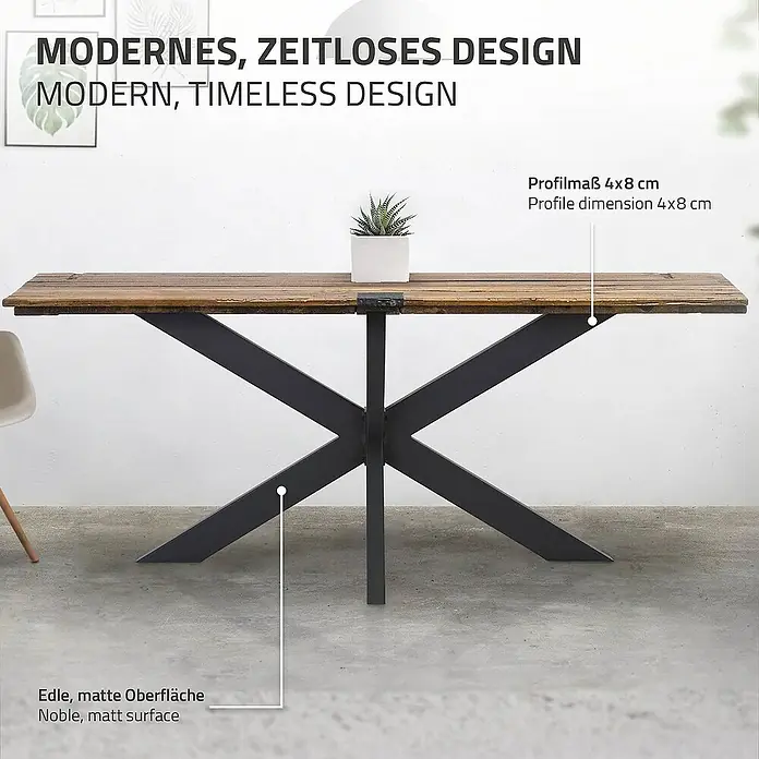 ML-Design Tischgestell Spider Kreuzgestell Schwerlast aus Stahl für DIY - L x B x H: 78 x 120 x 71 cm, Traglast: 150 kg, Stahl - Ein Esstisch mit einer Tischplatte aus Holz und einem schwarzen Metallgestell in X-Form.
