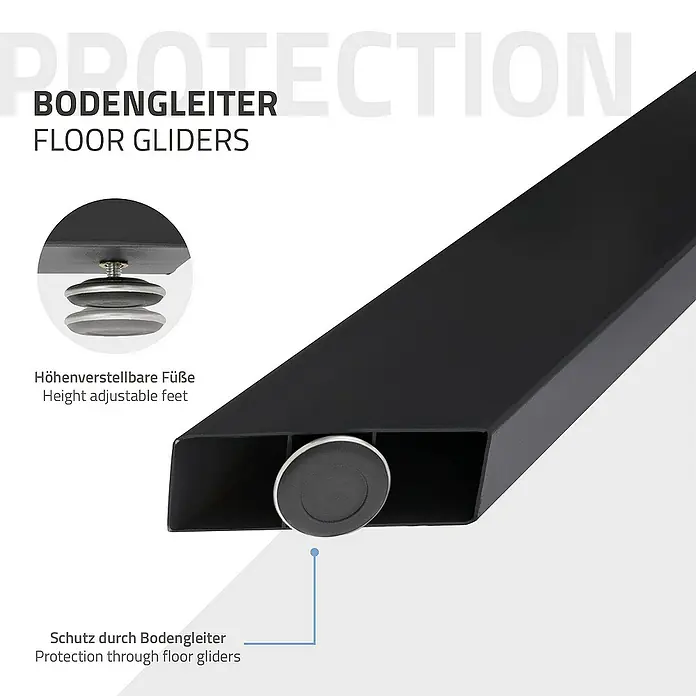 ML-Design Tischgestell Spider Kreuzgestell Schwerlast aus Stahl für DIY - L x B x H: 78 x 120 x 71 cm, Traglast: 150 kg, Stahl - Bild von einem schwarzen Möbelbein mit verstellbaren Füßen, die mit Bodengleitern ausgestattet sind, um den Boden zu schützen.