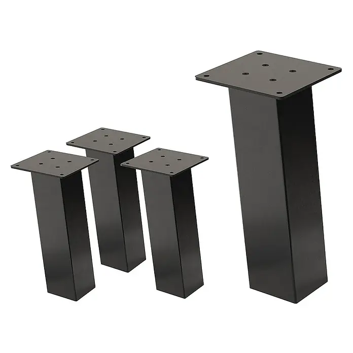 ML-Design Tischgestell 4er Set Tischbeine schräg Möbelfüße und aus Stahl - L x B x H: 14 x 14 x 30 cm, Stahl - Bild von vier schwarzen, quadratischen Möbelfüßen mit Montageplatten für eine einfache Installation und stabilen Halt.