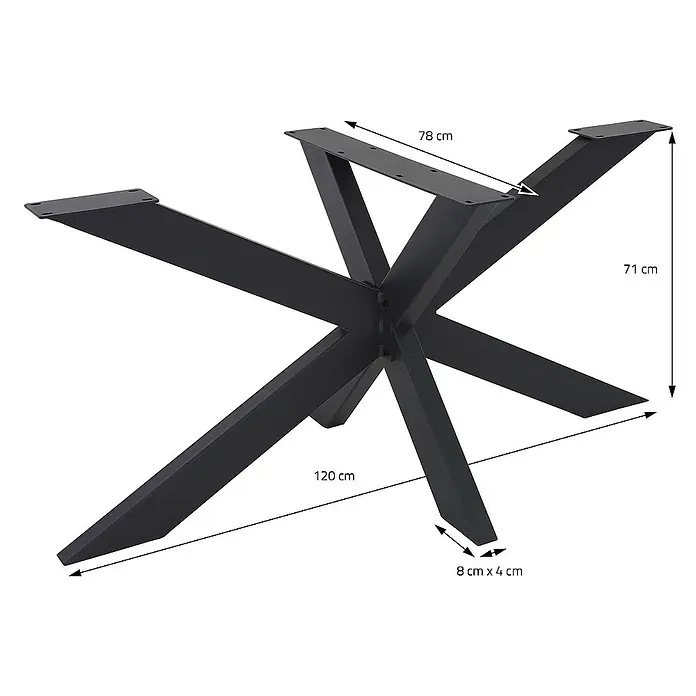 ML-Design Tischgestell Spider Kreuzgestell Schwerlast aus Stahl für DIY - L x B x H: 78 x 120 x 71 cm, Traglast: 150 kg, Stahl - Bild von einem schwarzen Tischgestell aus Metall mit verschiedenen Maßangaben.