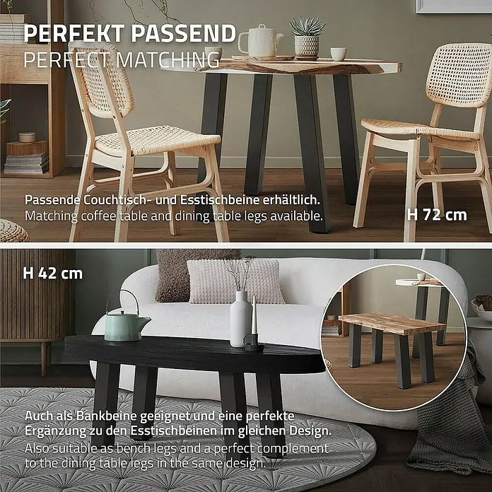 ML-Design Tischgestell 4er Set Tischbeine schräg Möbelfüße und aus Stahl - L x B x H: 14 x 14 x 30 cm, Stahl - Das Bild zeigt verschiedene Tischbeine: H72cm Esstischbeine und H42cm Couchtischbeine in schwarzer Ausführung.