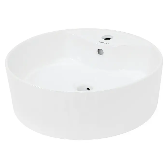 LuxeBath Aufsatzwaschbecken Handwaschbecken aus Keramik Waschtisch für Badezimmer und Gäste-WC - Ohne Spezialglasur, Weiß - Nahaufnahme eines weißen Luxebath Waschbeckens mit runder Form und glänzender Oberfläche, ideal für moderne Badezimmerdesigns.