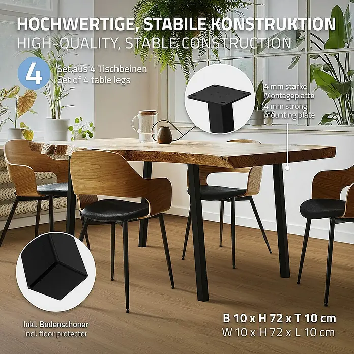 ML-Design Tischgestell 4er Set Tischkufen schräg Möbelfüße und aus Stahl I-Form - L x B x H: 10 x 10 x 72 cm, Traglast: 500 kg, Stahl - Produktbild: Hochwertige, stabile Tischbeine, 4er Set, inklusive Bodenschoner und Montageplatte.