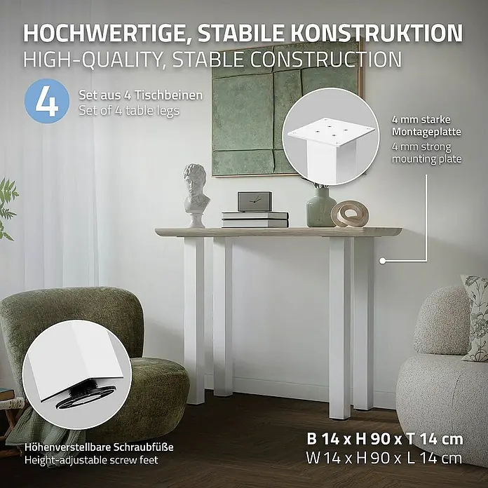 ML-Design Tischgestell 4er Set Tischkufen I-Design Möbelfüße und aus Stahl - L x B x H: 14 x 14 x 90 cm, Stahl - Bild einer Konsole mit dem Hinweis auf die hochwertigen, stabilen Tischbeine, die höhenverstellbar sind und eine Montageplatte haben.