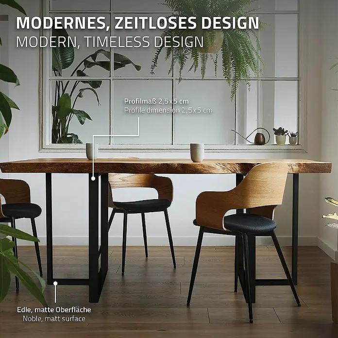 ML-Design Tischgestell Kufengestell Bankkufen für Couchtisch/Sitzbank DIY-Projekte - L x B x H: 35 x 60 x 72 cm, Stahl - Stilvoller Esstisch aus Holz mit schwarzen Metallbeinen und passenden Stühlen für ein modernes Esszimmer.